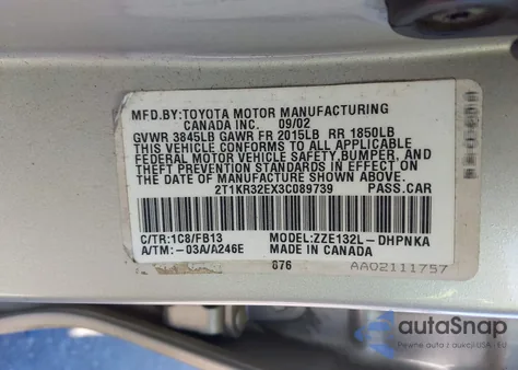 2003 Toyota Matrix Xr z USA, uszkodzony, nr VIN 2T1KR32EX3C089739